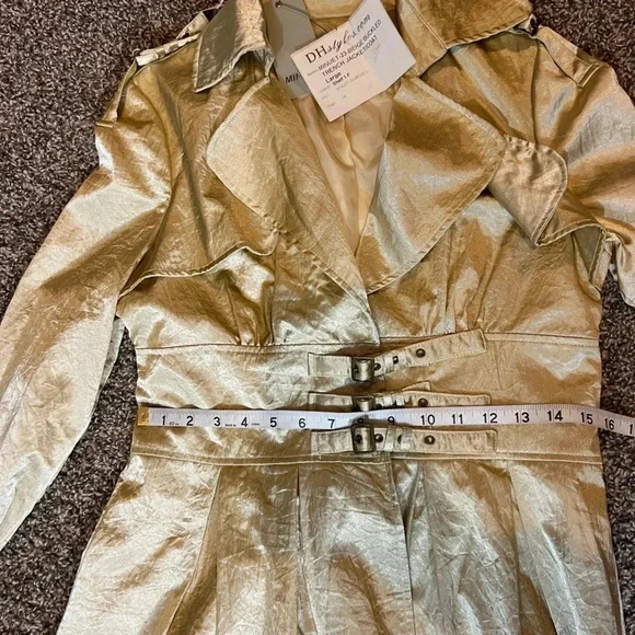 VINTAGE MINUET TRENCHCOAT JACKET GOLD MID KNEE LENGTH CINCHED WAIST NWT LARGE - Picture 9 of 12